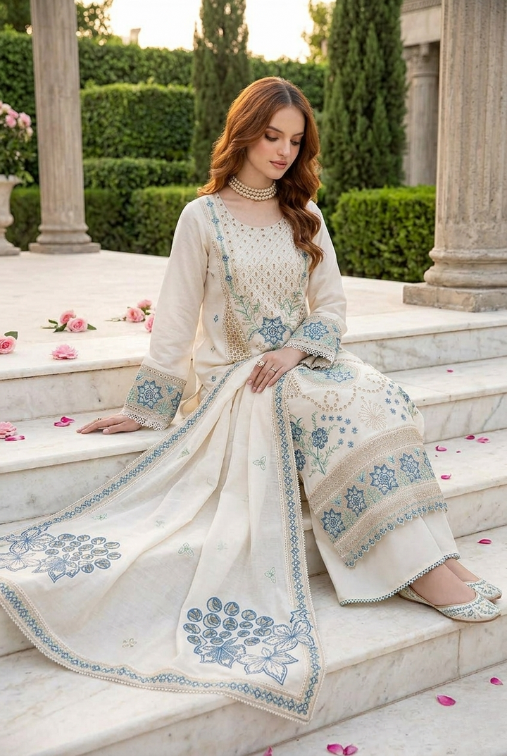 MAHNUR | Pearl Bloom – Ivory Embroidered Lawn 3-Piece Suit with Blue Floral Threadwork & Cutwork Details