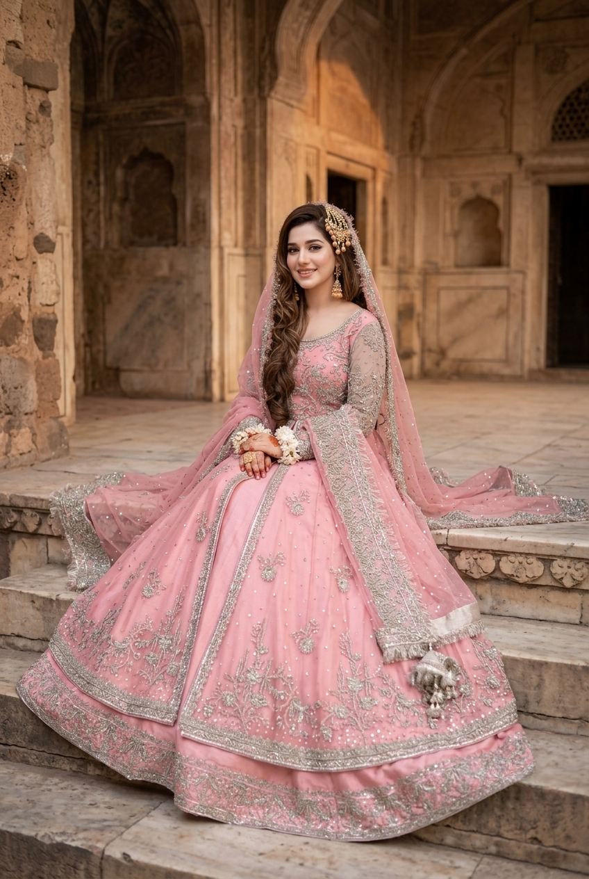 Kashee's Inspired Rose Pink Heavy Embroidered 3-Piece Unstitched Bridal Suit | Silver Zardozi Net Fabric | Wedding Collection