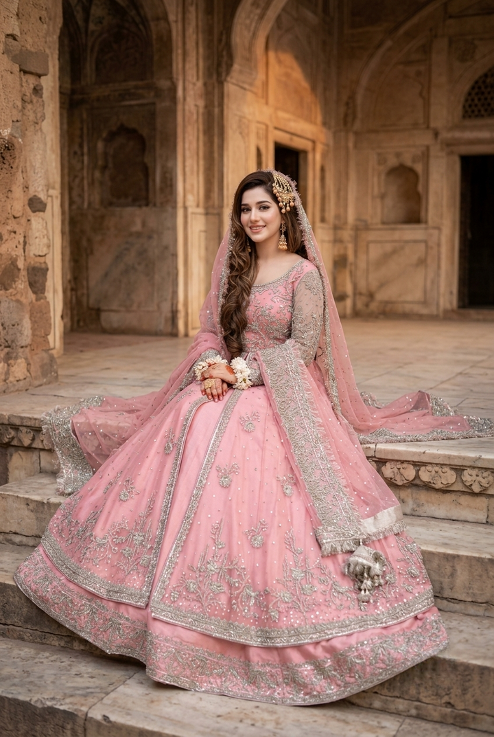 Kashee's Inspired Rose Pink Heavy Embroidered 3-Piece Unstitched Bridal Suit | Silver Zardozi Net Fabric | Wedding Collection