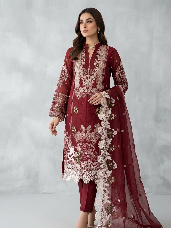 ELAF Luxury Chikankari Embroidered Lawn Suit with Organza Dupatta – Unstitched Replica