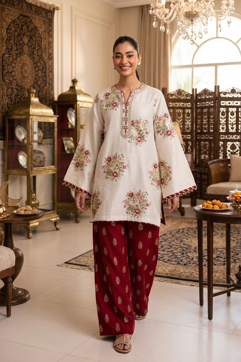 Asim Jofa Inspired 2 Piece Embroidered Lawn Suit – White & Maroon