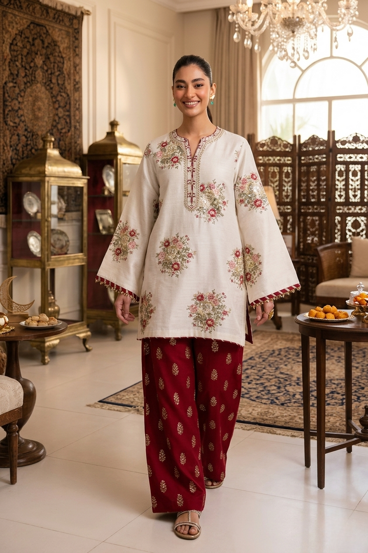 Asim Jofa Inspired 2 Piece Embroidered Lawn Suit – White & Maroon