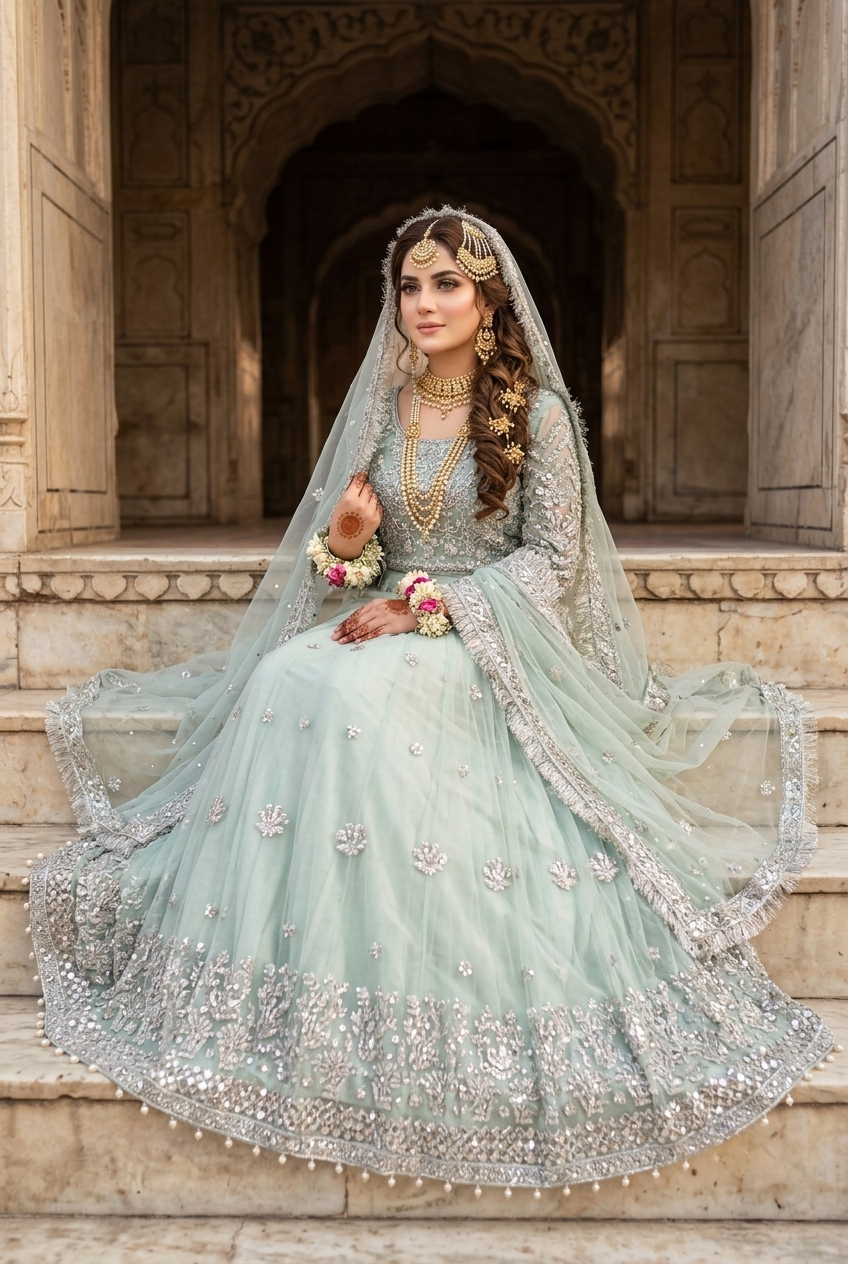 Kashee's Inspired Mint Green Heavy Embroidered 3-Piece Unstitched Bridal Suit | Silver Zardozi Net Fabric | Wedding Collection