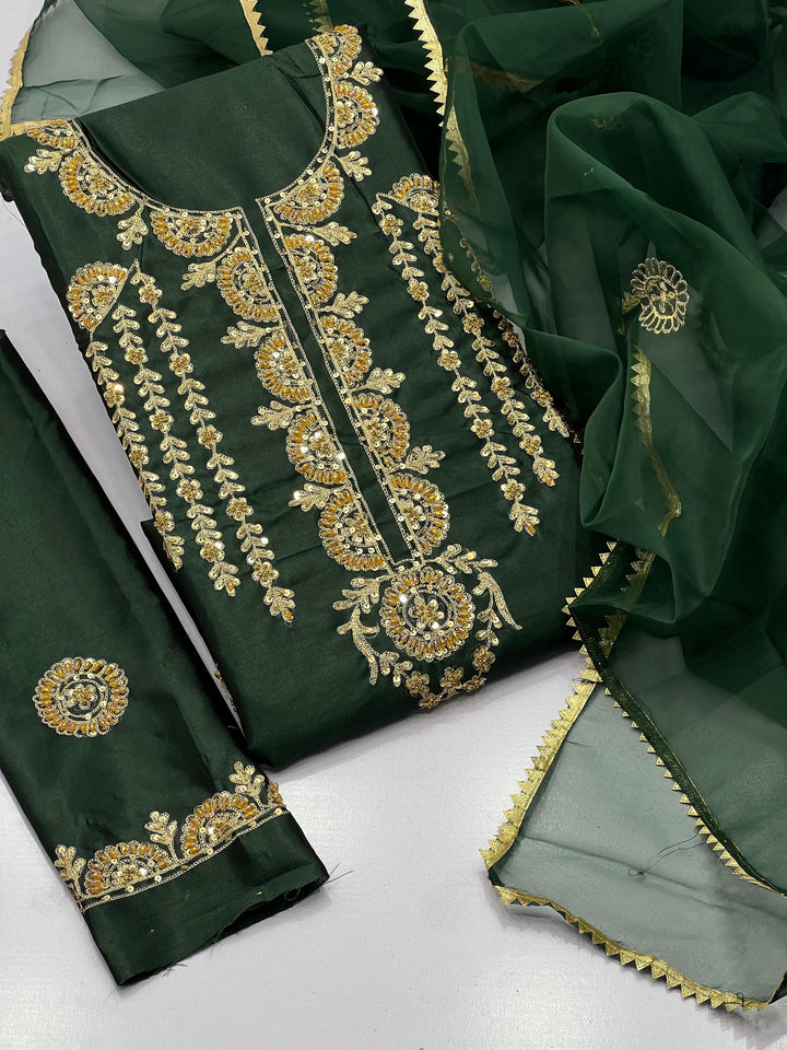 ANAYA-B Unstitched Emerald Green Cotton Silk Embroidered Suit with Organza Dupatta
