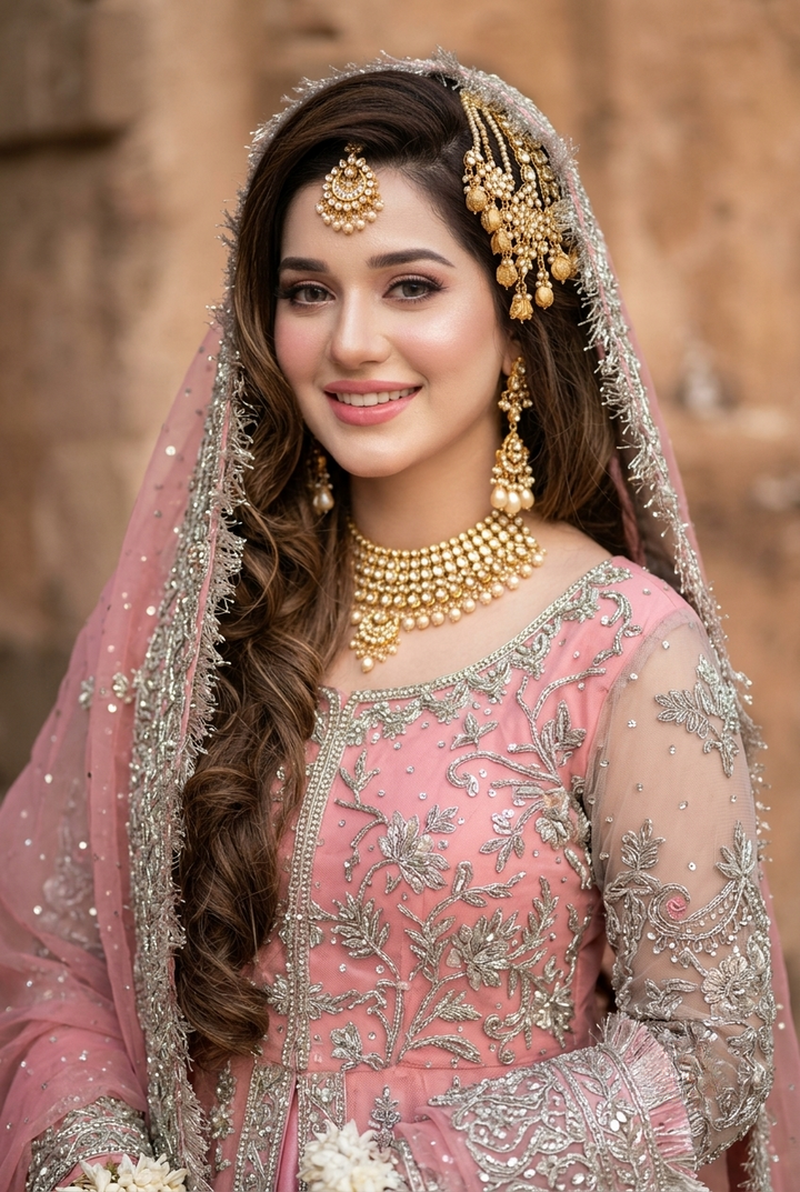 Kashee's Inspired Rose Pink Heavy Embroidered 3-Piece Unstitched Bridal Suit | Silver Zardozi Net Fabric | Wedding Collection