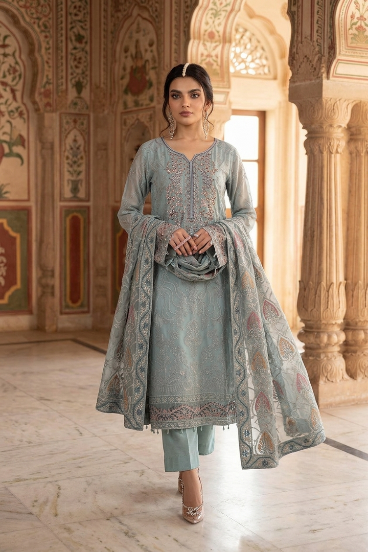 Ramsha Luxury Embroidered Unstitched 3 Piece Chiffon Suit with Organza Dupatta – Ice Blue | Designer Replica