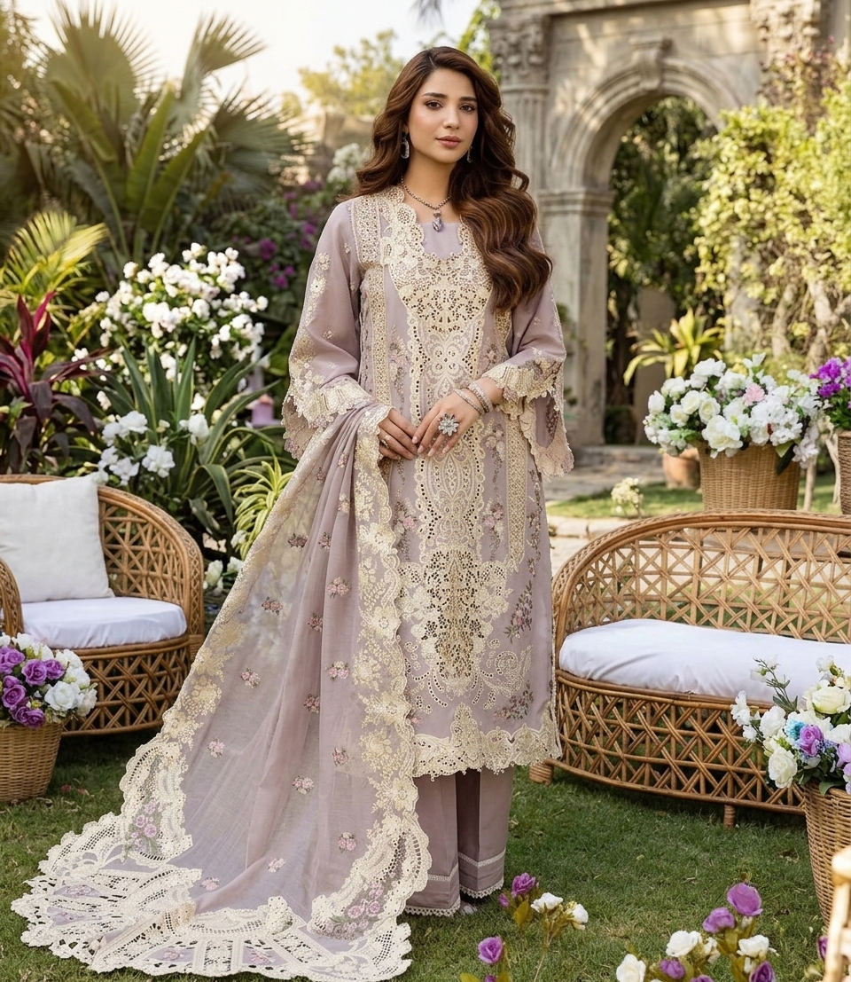 ELAF Luxury Embroidered Unstitched 3 Piece Cotton Suit with Embroidered chiffon Dupatta – Dusty Mauve | Designer Replica