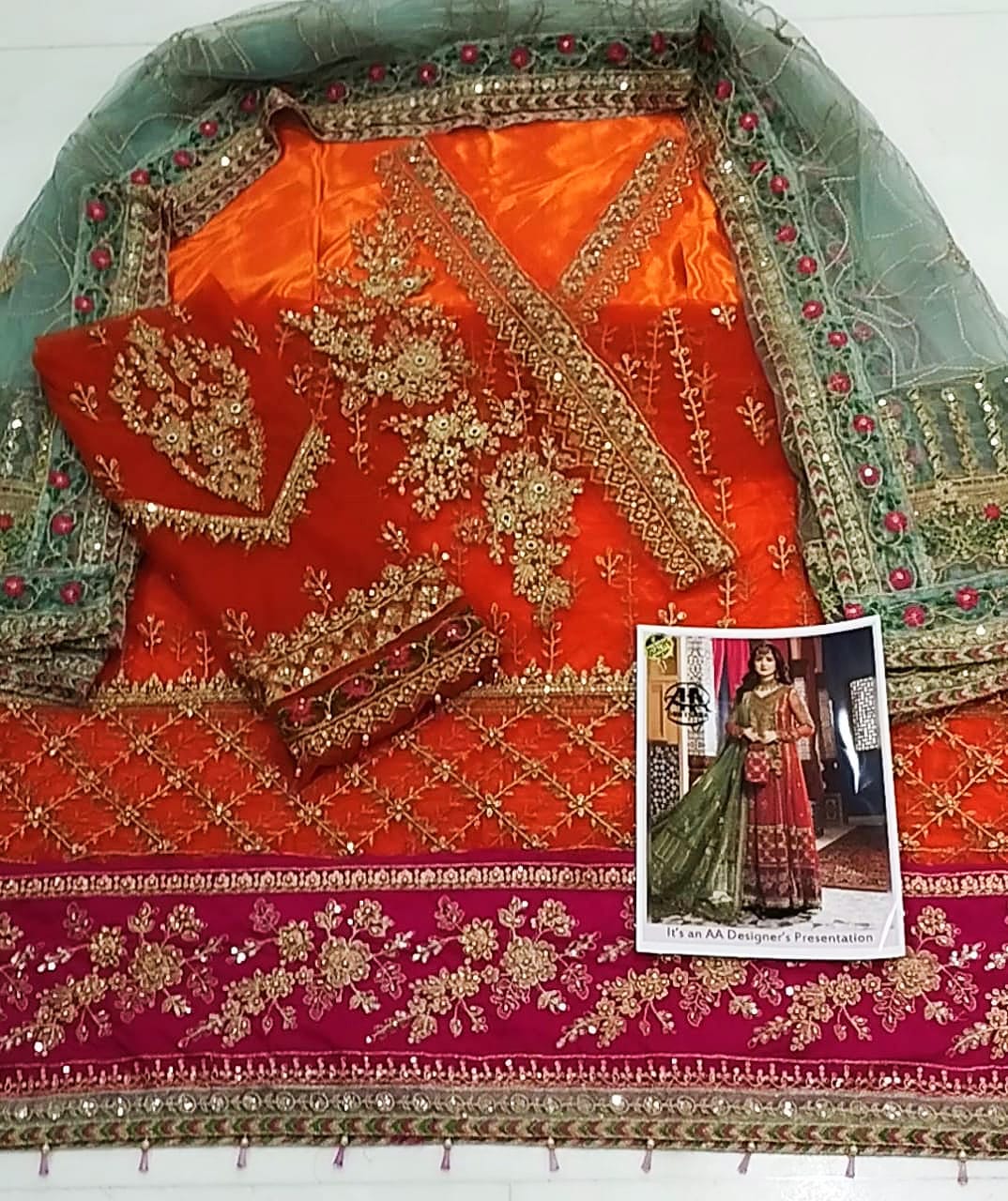 Maria.B Inspired Rust Orange Heavy Embroidered 3-Piece Unstitched Bridal Suit | Teal Dupatta | Magenta Velvet Border | Wedding Collection