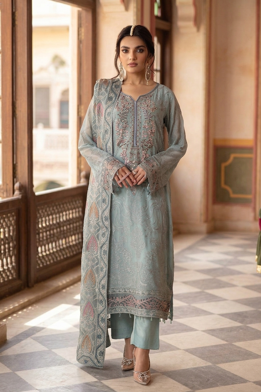 Ramsha Luxury Embroidered Unstitched 3 Piece Chiffon Suit with Organza Dupatta – Ice Blue | Designer Replica