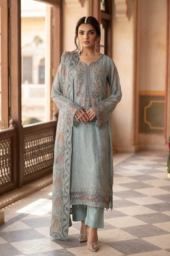 Ramsha Luxury Embroidered Unstitched 3 Piece Chiffon Suit with Organza Dupatta – Ice Blue | Designer Replica