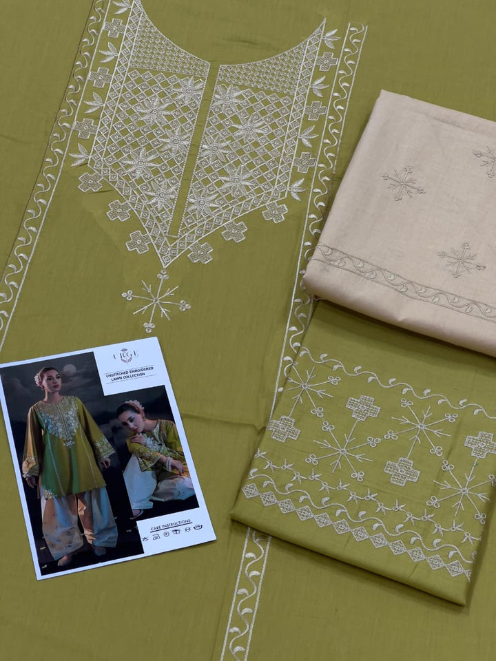 Mushq Inspired 2 Piece Embroidered Lawn Suit – Olive Green & Off White