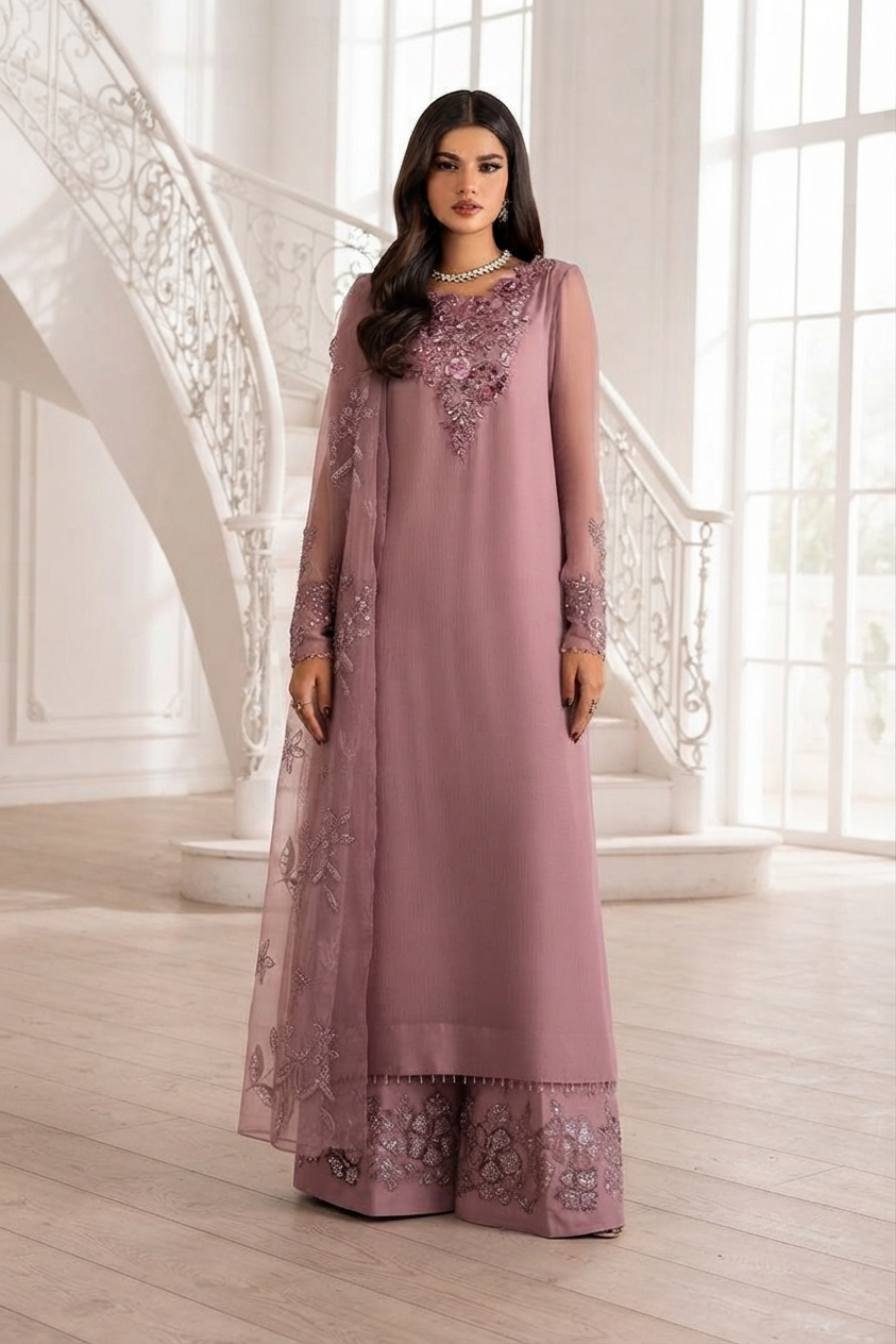 IZNIK Luxury Chiffon Embroidered Unstitched Suit with Organza Dupatta & Malai Trouser – Dusty Mauve | Women's Formal Wear