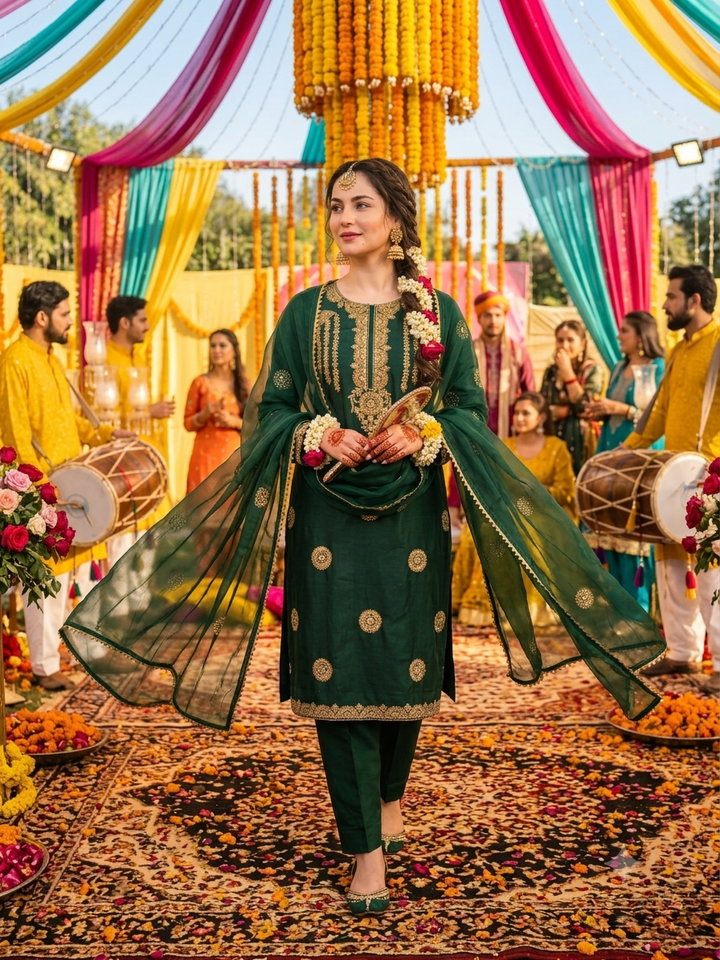 ANAYA-B Unstitched Emerald Green Cotton Silk Embroidered Suit with Organza Dupatta