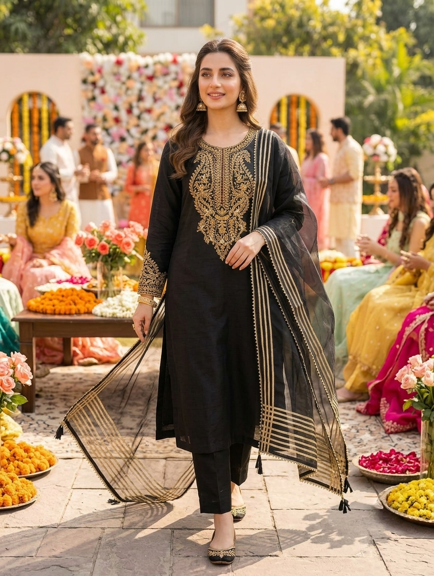 ANAYA-B Unstitched Black Cotton Silk Suit with Organza Dupatta & Matching Embroidered Potli |  Premium Embroidered Women's Festive Wear