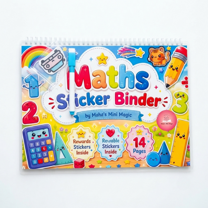 Maths Sticker Binder by Maha's Mini Magic — 14 Pages, Reusable & Reward Stickers | Kids Math Activity Book with Marker