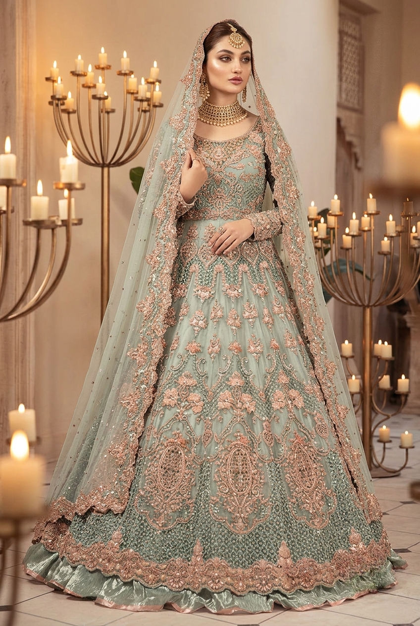 Maria.B Inspired Sage Green Heavy Embroidered 3-Piece Unstitched Bridal Suit | Rose Gold Zardozi Net Fabric | Wedding Collection