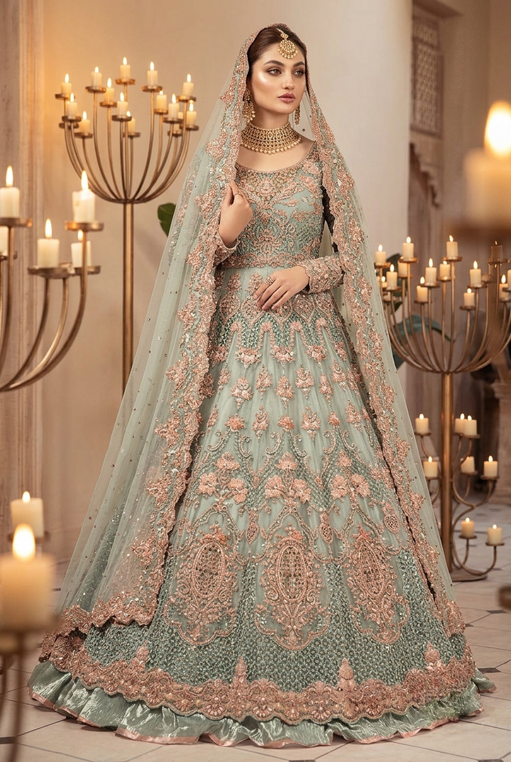Maria.B Inspired Sage Green Heavy Embroidered 3-Piece Unstitched Bridal Suit | Rose Gold Zardozi Net Fabric | Wedding Collection