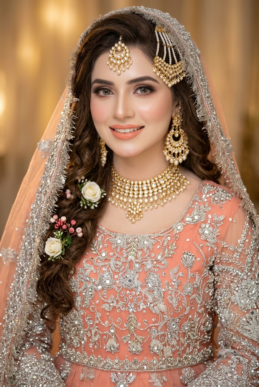 Kashee's Inspired Peach Heavy Embroidered 3-Piece Unstitched Bridal Suit | Silver Zardozi Net Fabric | Wedding Collection