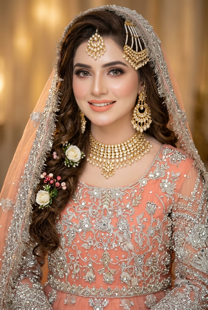 Kashee's Inspired Peach Heavy Embroidered 3-Piece Unstitched Bridal Suit | Silver Zardozi Net Fabric | Wedding Collection