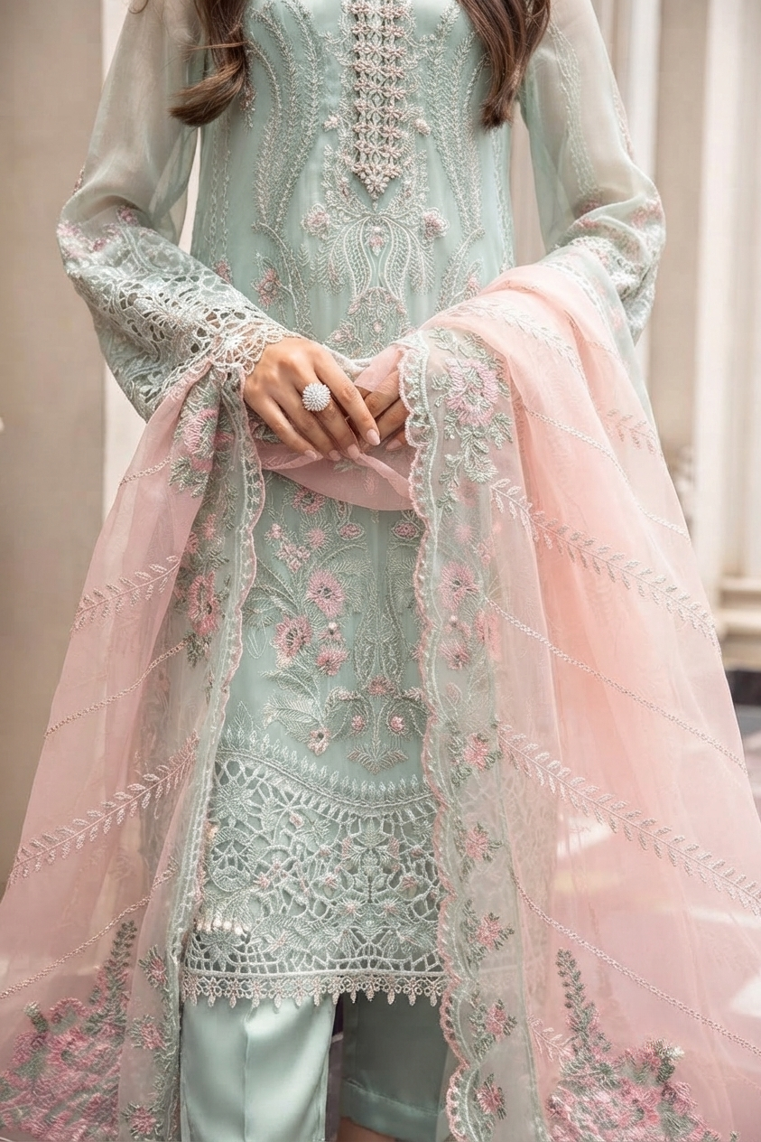 MARIA B COUTURE COLLECTION Unstitched Chiffon Embroidered Suit with Chiffon Dupatta & Satin Trouser – Luxury Women's Party Wear | Replica