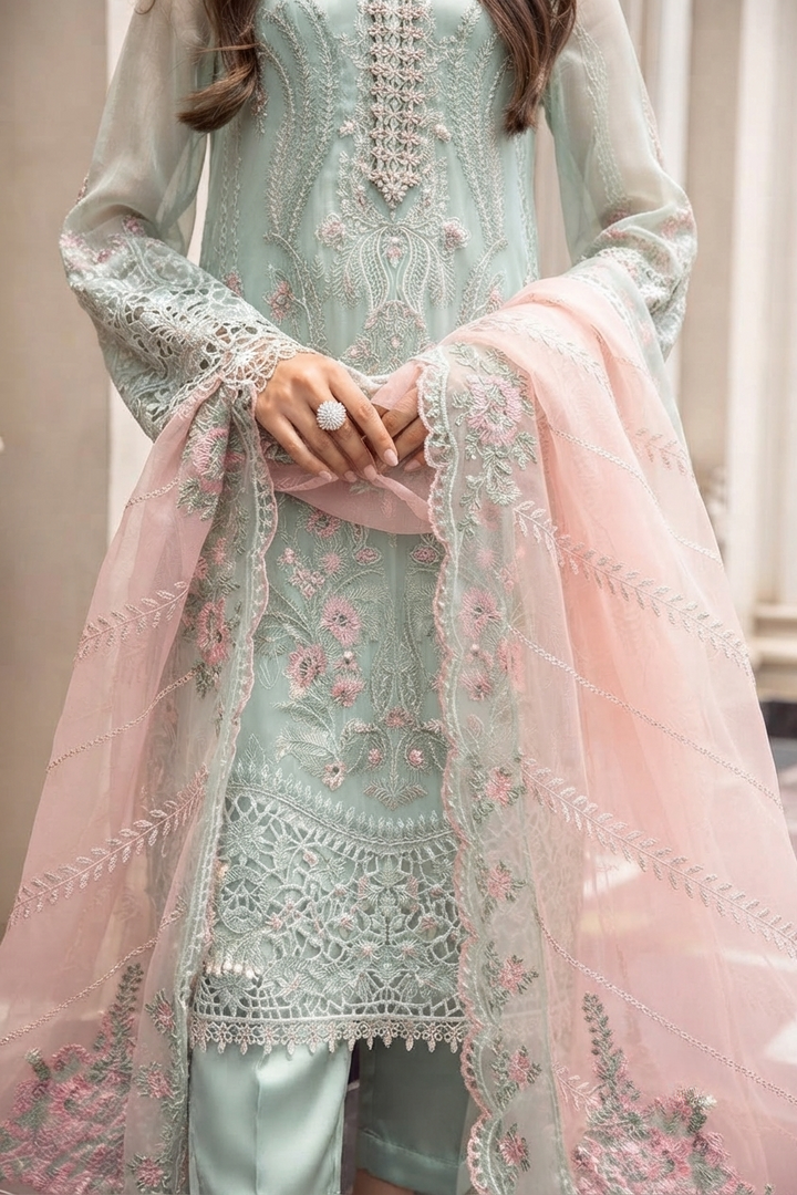 MARIA B COUTURE COLLECTION Unstitched Chiffon Embroidered Suit with Chiffon Dupatta & Satin Trouser – Luxury Women's Party Wear | Replica