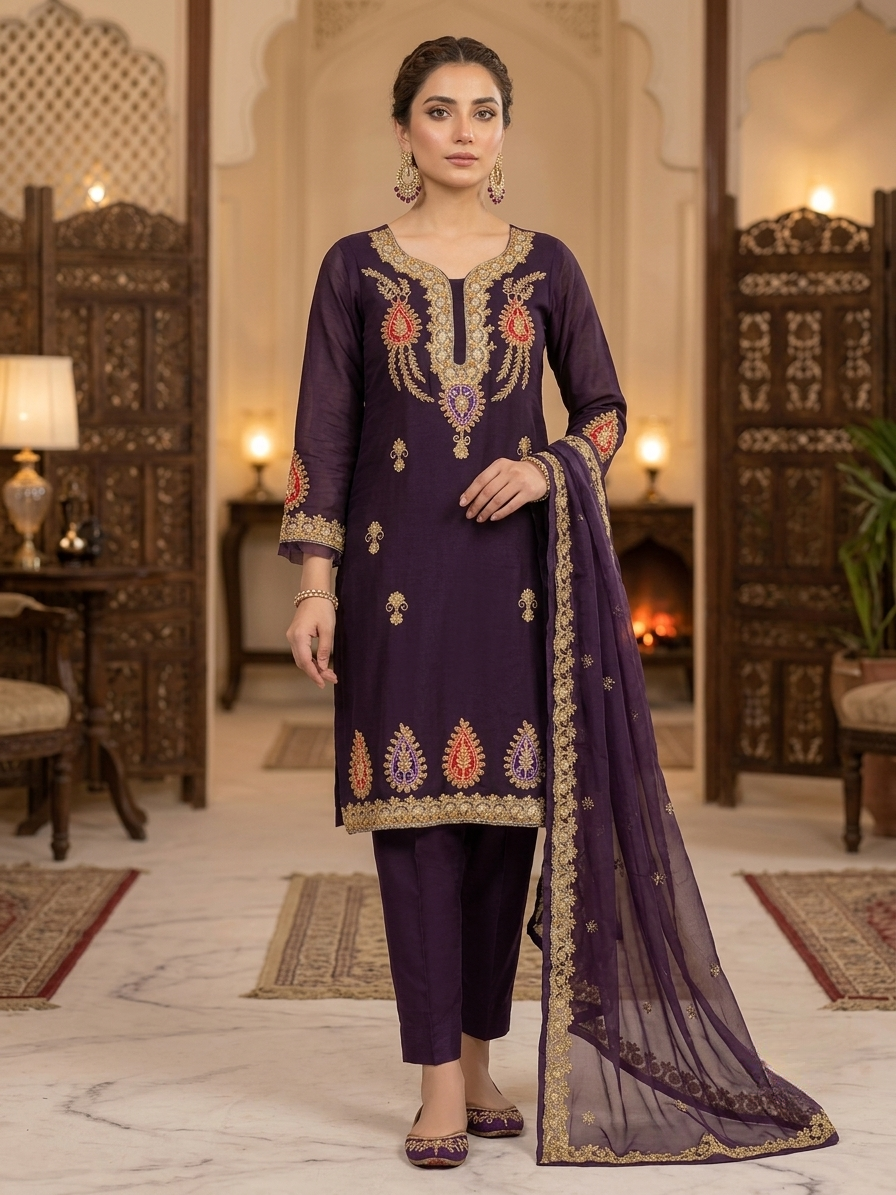 ANAYA-B Embroidery Collection Unstitched Purple Organza Embroidered Suit with Organza Dupatta | Silk Trouser