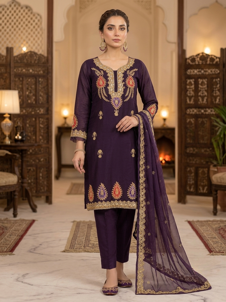 ANAYA-B Embroidery Collection Unstitched Purple Organza Embroidered Suit with Organza Dupatta | Silk Trouser