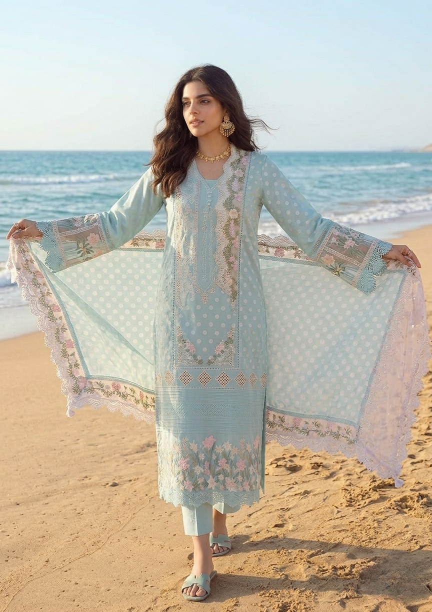Heer Embroidery Collection  Chicken Kari Jacquard 3-Piece Suit with Embroidered Dupatta
