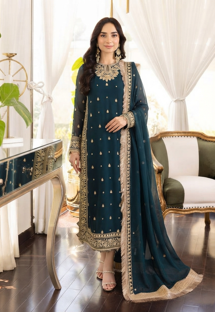 ASIM JOFA Luxury Embroidered Chiffon Unstitched Suit with Malai Trouser – Deep Teal | Women's Formal Wear
