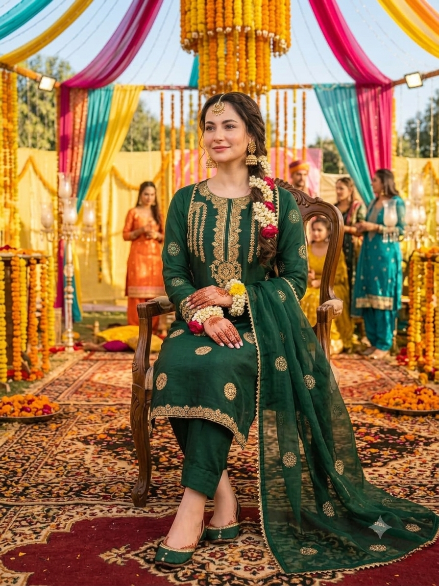 ANAYA-B Unstitched Emerald Green Cotton Silk Embroidered Suit with Organza Dupatta