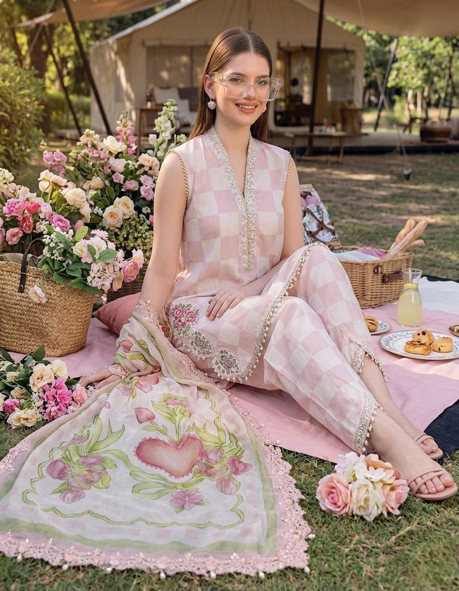 Maria.B M.Prints  Checkered Printed Lawn 3-Piece Suit with Embroidered Details