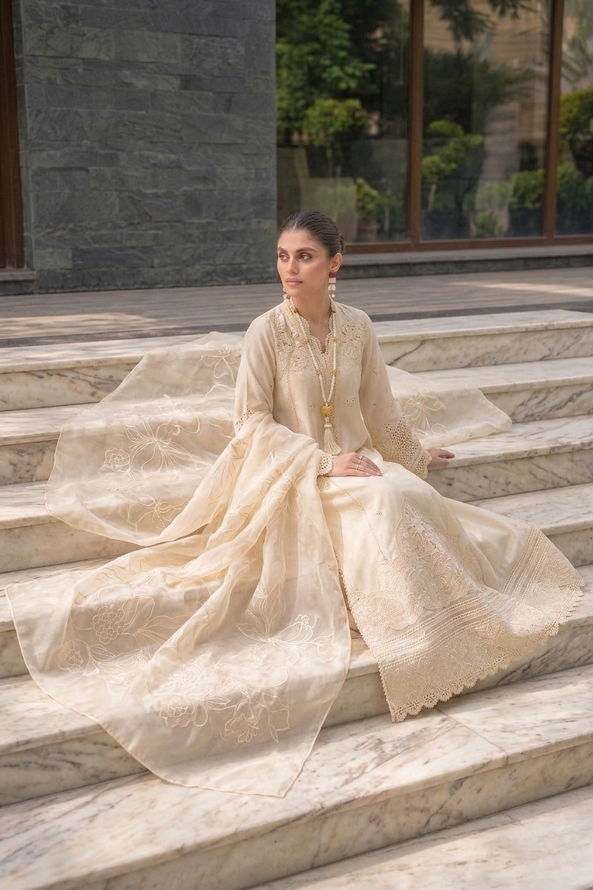 MUSHQ | Ivory Grace – Embroidered Cutwork Lawn 3-Piece Suit with Floral Organza Dupatta