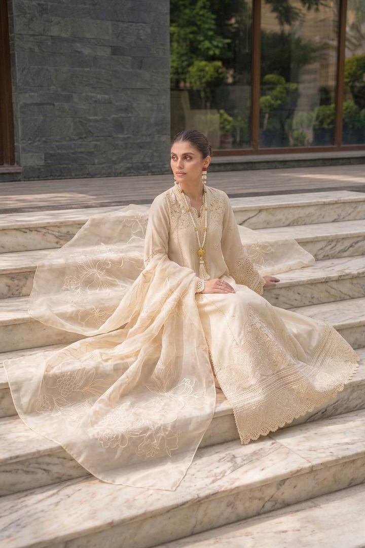 MUSHQ | Ivory Grace – Embroidered Cutwork Lawn 3-Piece Suit with Floral Organza Dupatta
