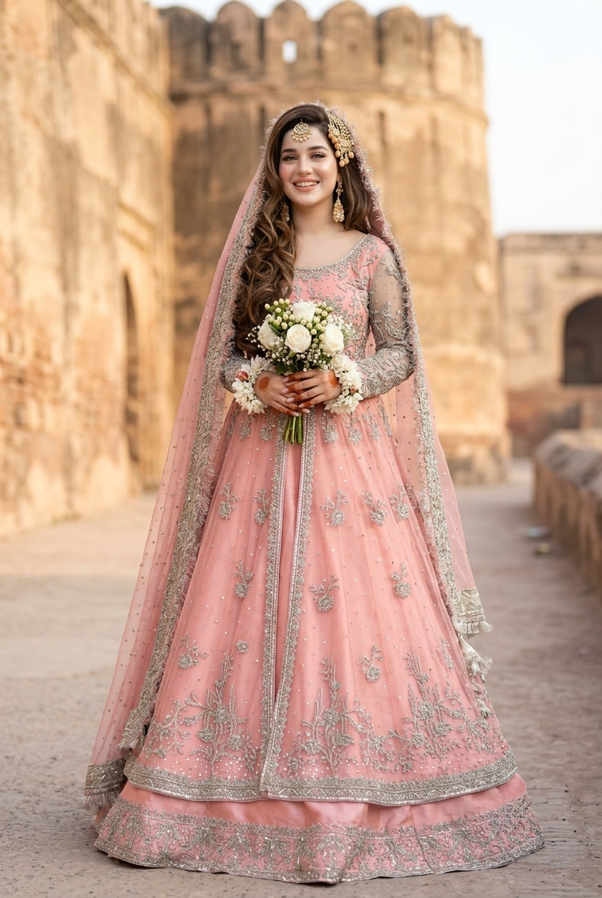 Kashee's Inspired Rose Pink Heavy Embroidered 3-Piece Unstitched Bridal Suit | Silver Zardozi Net Fabric | Wedding Collection