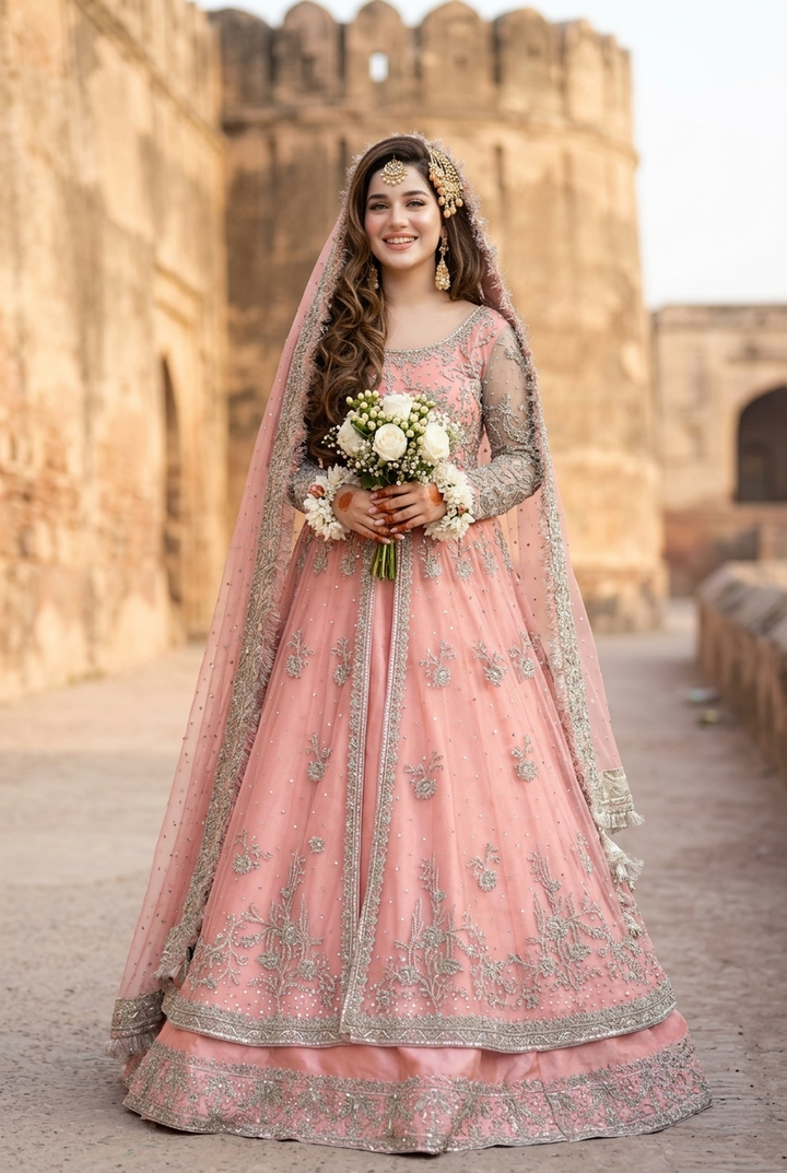 Kashee's Inspired Rose Pink Heavy Embroidered 3-Piece Unstitched Bridal Suit | Silver Zardozi Net Fabric | Wedding Collection