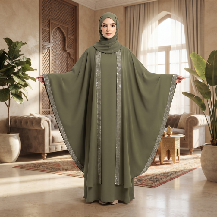 Premium Dubai Imported 2 Piece Butterfly Abaya Set for Women | Nida Fabric with Matching Inner & Hijab