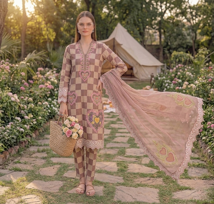 Maria.B M.Prints Checkered Lawn 3-Piece Suit with Heart Embroidery Patches & Embroidered Dupatta
