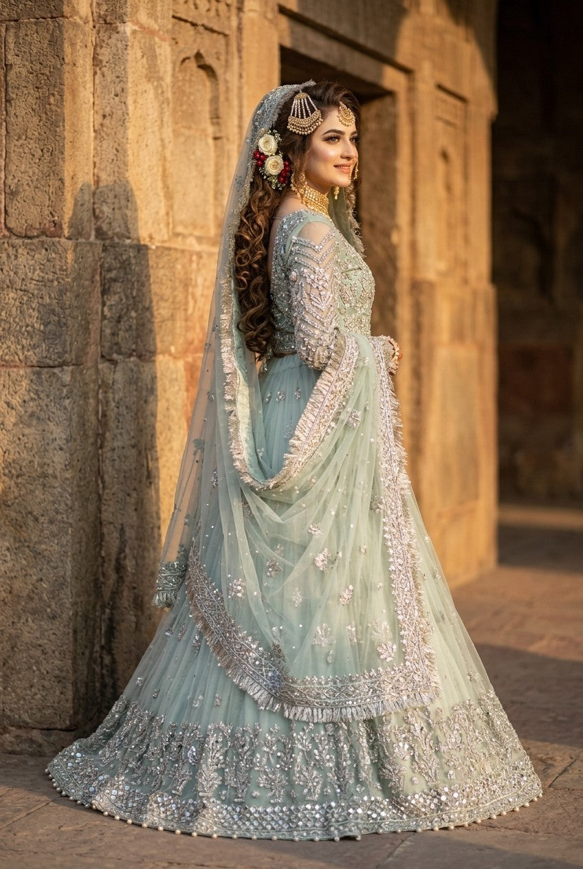 Kashee's Inspired Mint Green Heavy Embroidered 3-Piece Unstitched Bridal Suit | Silver Zardozi Net Fabric | Wedding Collection