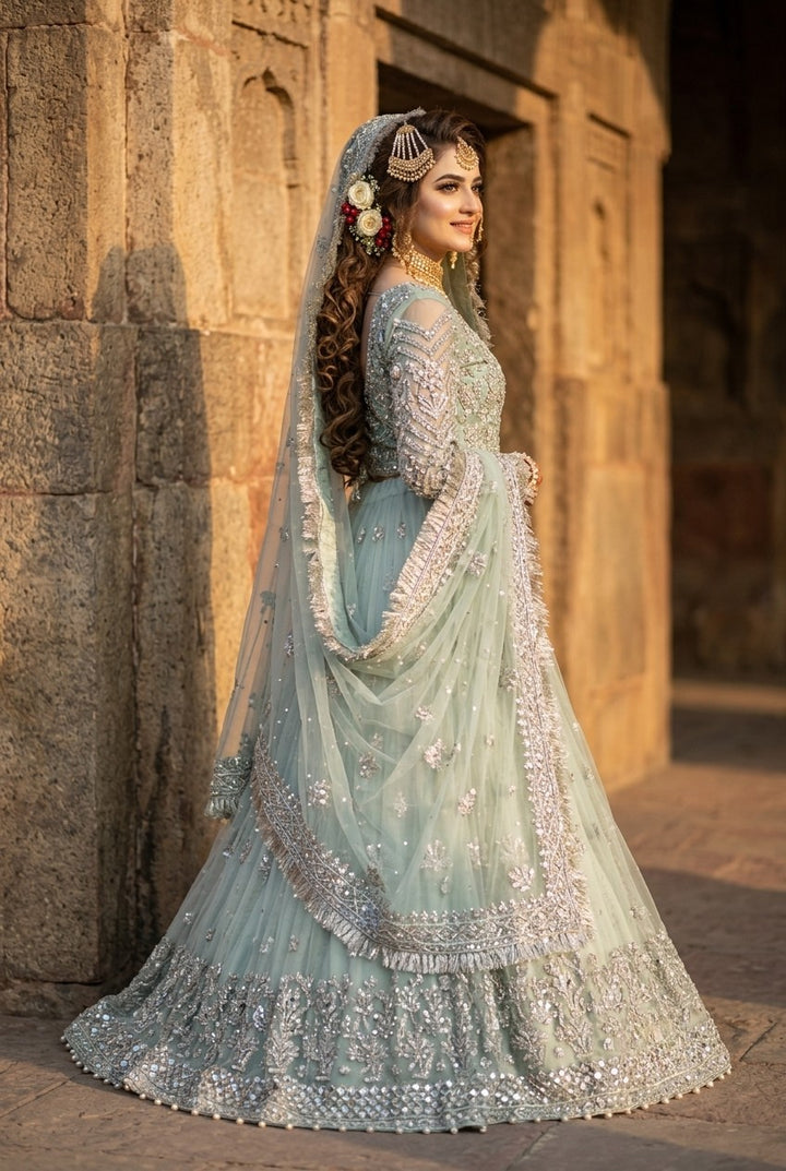 Kashee's Inspired Mint Green Heavy Embroidered 3-Piece Unstitched Bridal Suit | Silver Zardozi Net Fabric | Wedding Collection