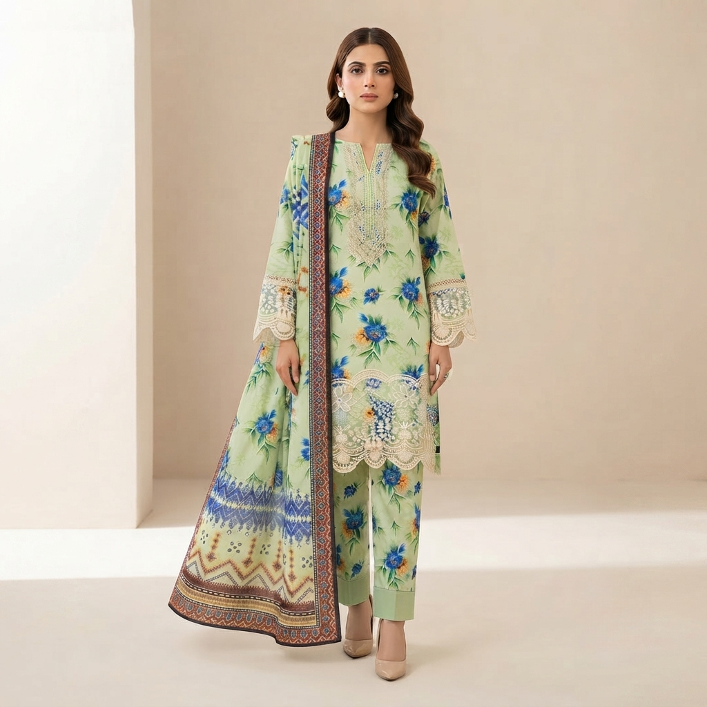 Bin Saeed Printed 3 Piece Unstitched Lawn Suit for Women