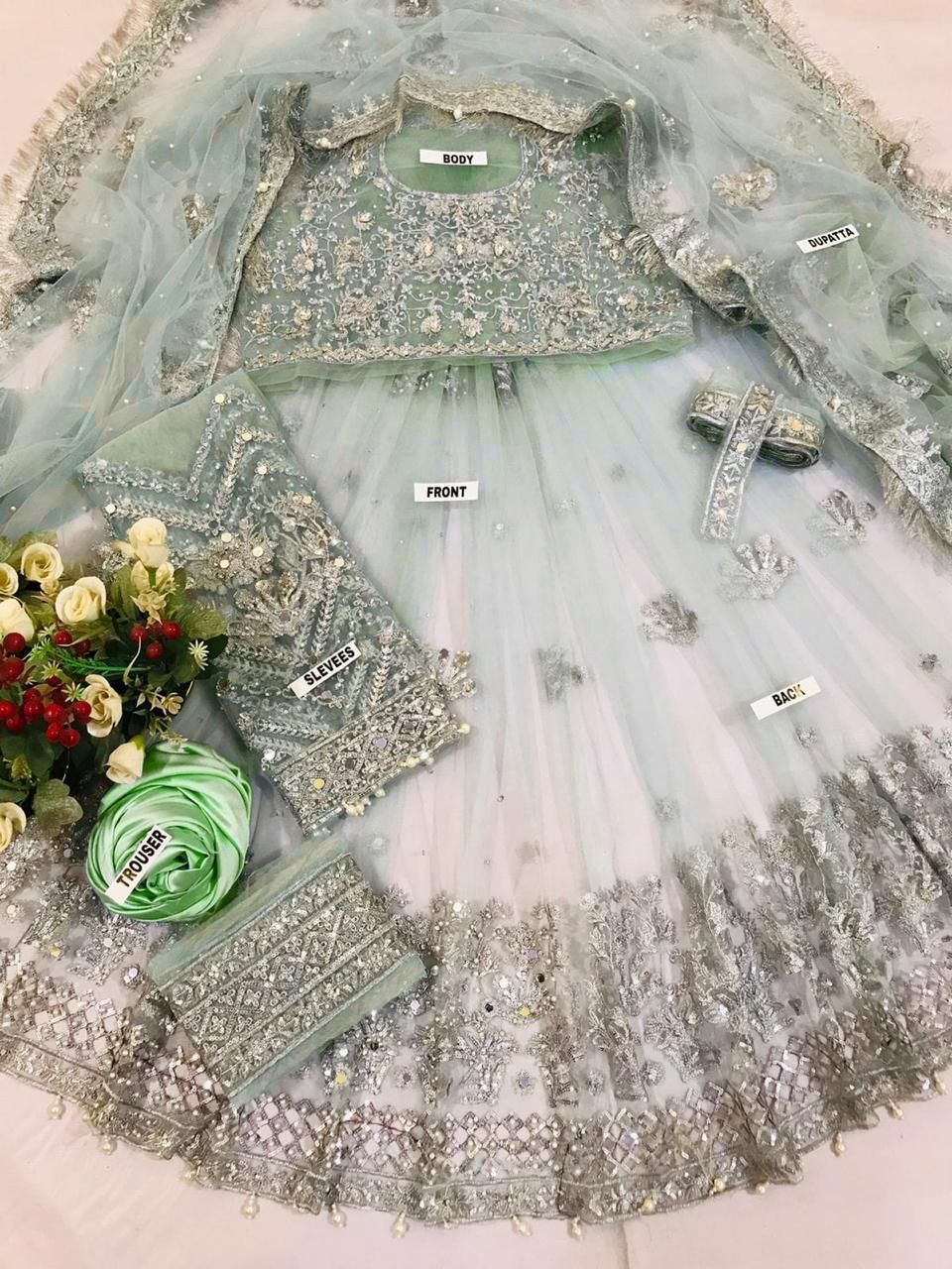 Kashee's Inspired Mint Green Heavy Embroidered 3-Piece Unstitched Bridal Suit | Silver Zardozi Net Fabric | Wedding Collection