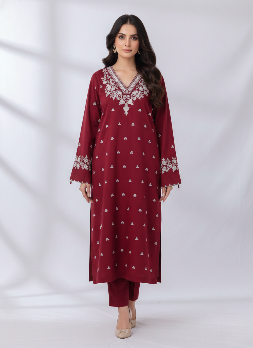 PEZWAAN Red Embroidered Ladies Lawn Suit 2 PC – Elegant Pakistani Summer Wear