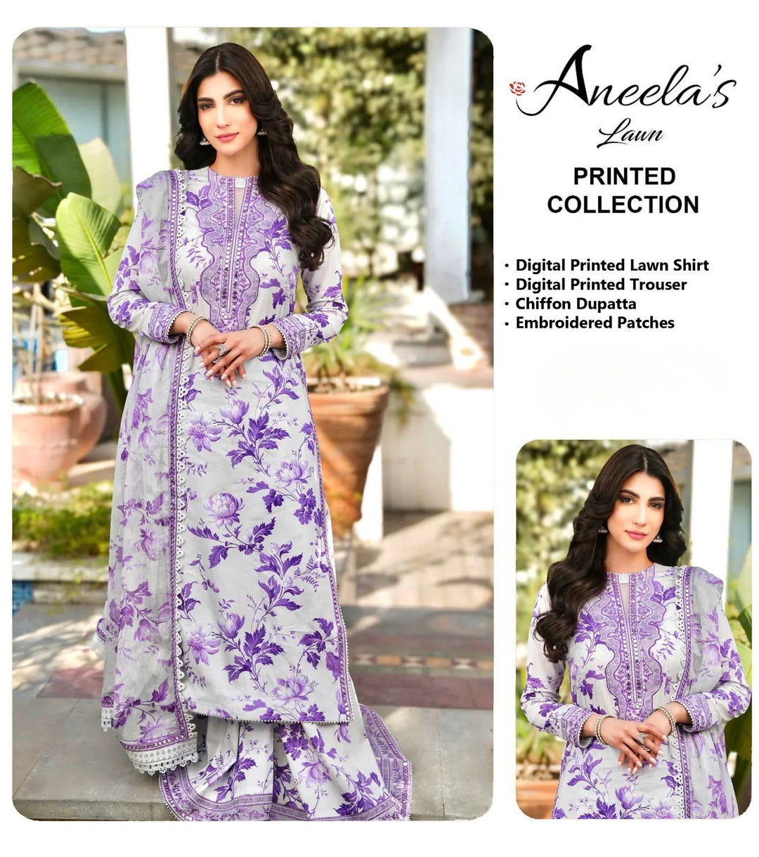 👑 Aneela’s Lawn 3PC Hit Code – Luxury Embroidered & Printed Unstitched Suit 👑
