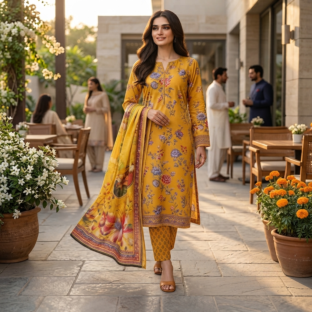 Bin Saeed Printed 3 Piece Unstitched Lawn Suit for Women