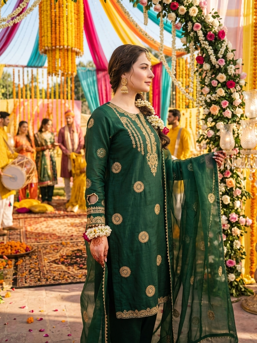 ANAYA-B Unstitched Emerald Green Cotton Silk Embroidered Suit with Organza Dupatta