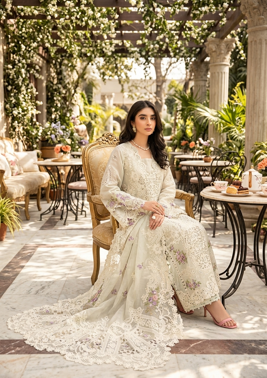 ELAF Luxury Embroidered Unstitched 3 Piece Cotton Suit with Embroidered Chiffon Dupatta – Ivory | Designer Replica