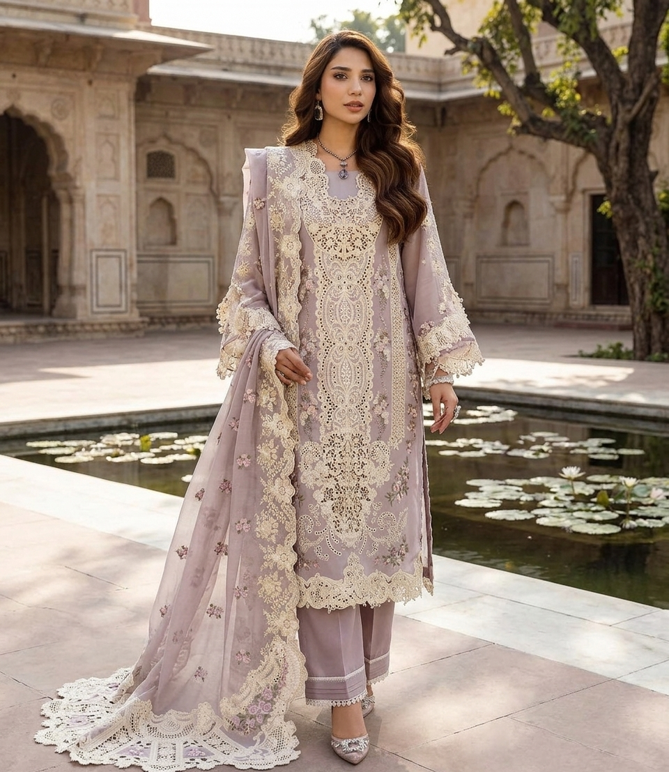 ELAF Luxury Embroidered Unstitched 3 Piece Cotton Suit with Embroidered chiffon Dupatta – Dusty Mauve | Designer Replica