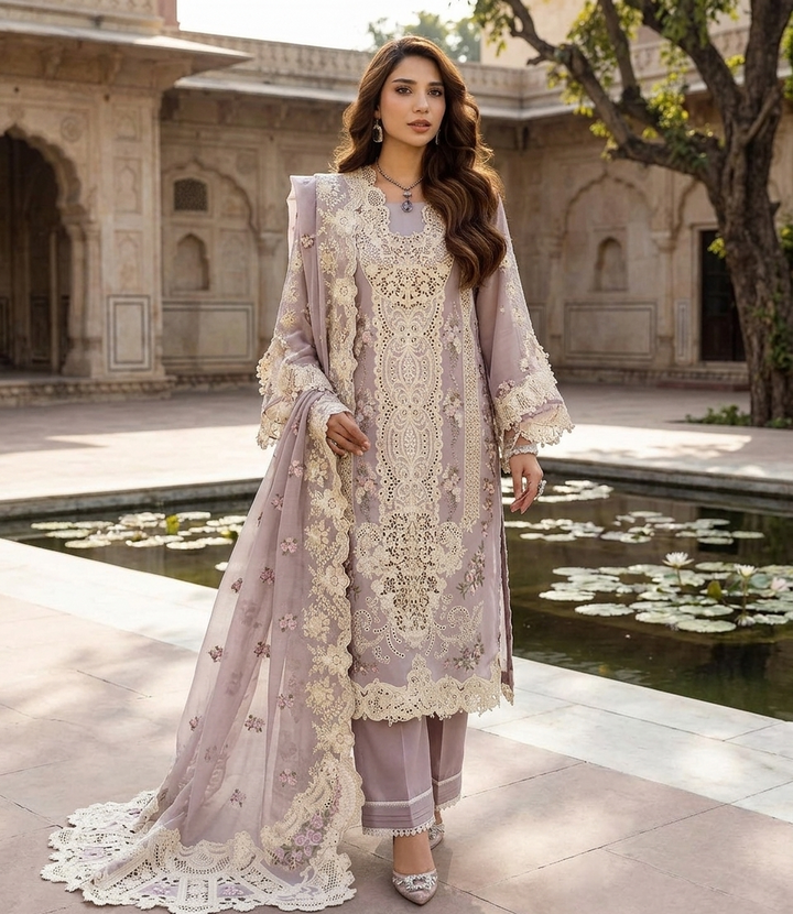 ELAF Luxury Embroidered Unstitched 3 Piece Cotton Suit with Embroidered chiffon Dupatta – Dusty Mauve | Designer Replica
