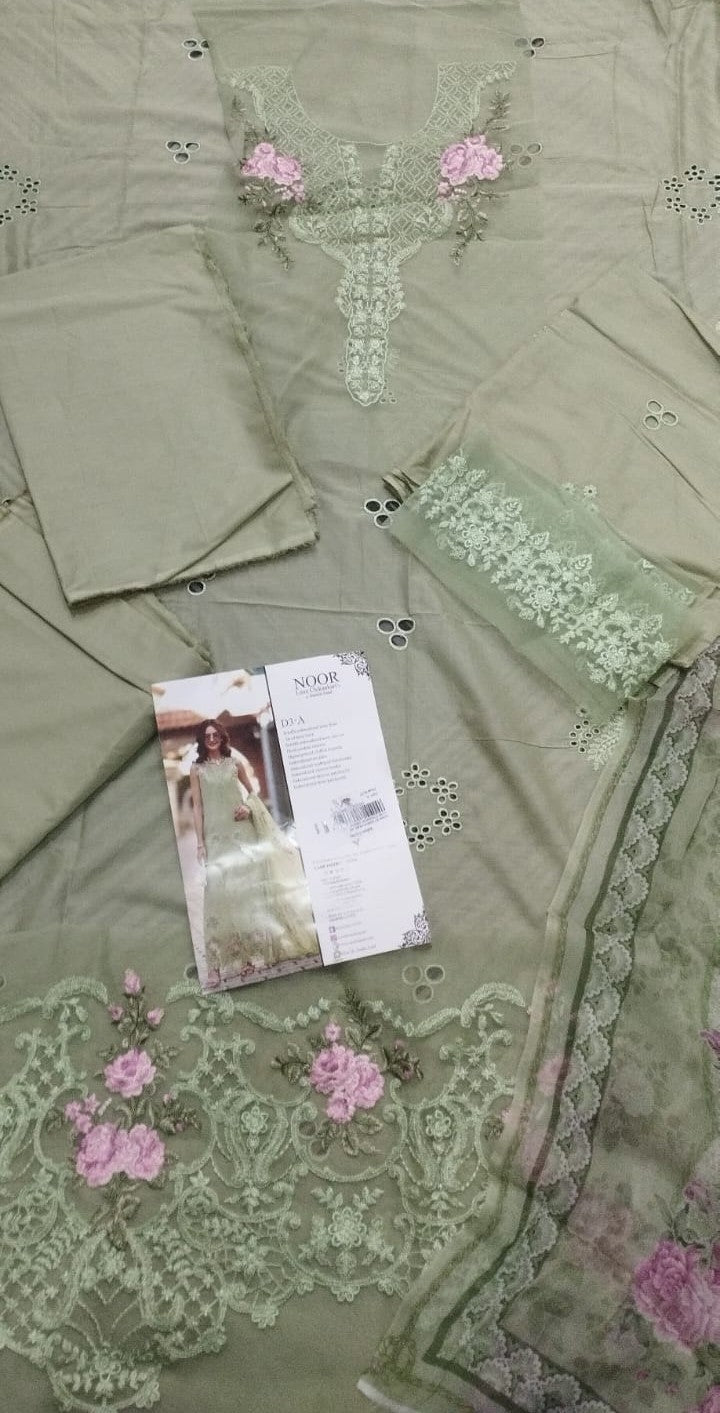NOOR Luxury Embroidered Lawn Unstitched 3 Piece Suit with Printed Chiffon Dupatta – Sage Green | Pakistani Designer Replica