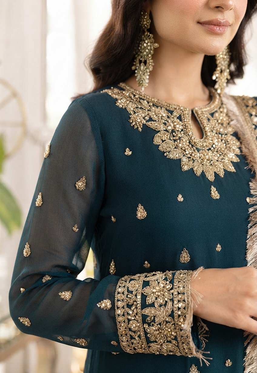 ASIM JOFA Luxury Embroidered Chiffon Unstitched Suit with Malai Trouser – Deep Teal | Women's Formal Wear